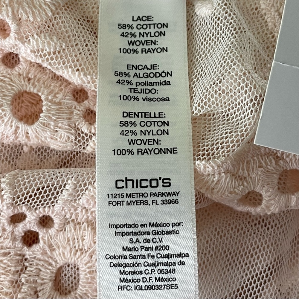 CHICO’S NWT NOVELTY LACE TUNIC LONG SLEEVE FASHION TOP PALE DOGWOOD LIGHT BLUSH - Picture 9 of 12